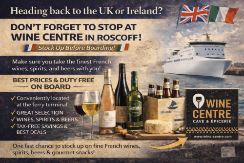 Affiche Wine Centre Roscoff avec ferry vers Royaume-Uni et Irlande, promotion vins, spiritueux et bières détaxés avant embarquement